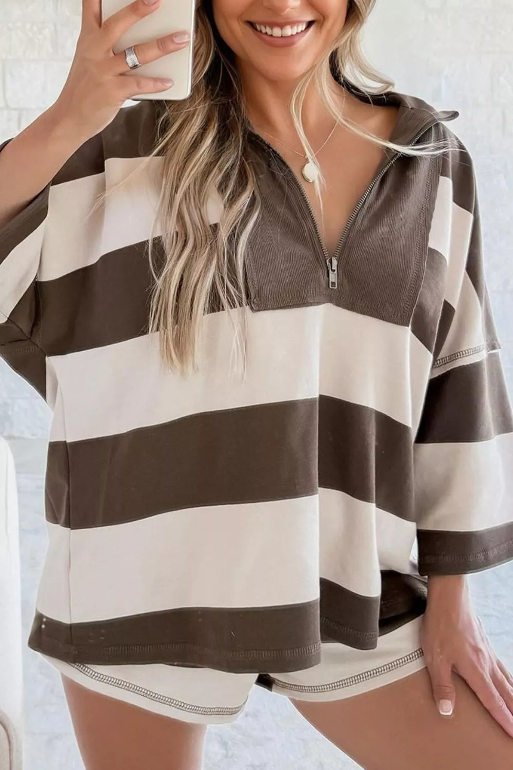 Striped Color Block Zip Collar Oversize Sweatshirt in Coffee Brown, front view