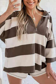Striped Color Block Zip Collar Oversize Sweatshirt in Coffee Brown, front view