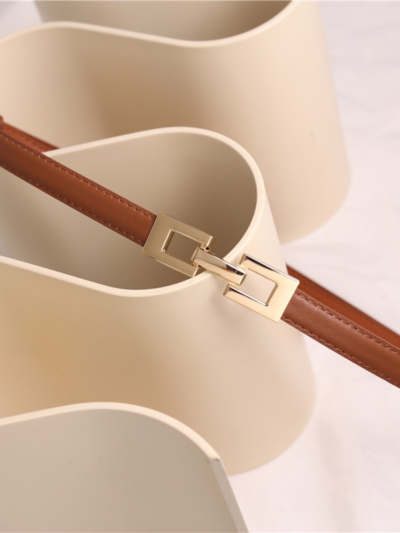 Brown cowhide leather belt with gold square buckle detail