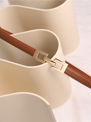 Brown cowhide leather belt with gold square buckle detail