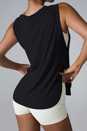 Black performance tank top with asymmetric hemline and scoop neckline.