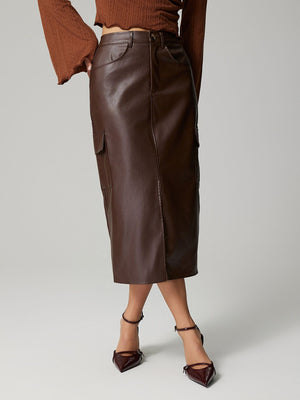 Dark brown faux leather midi skirt with cargo pockets and button closure.