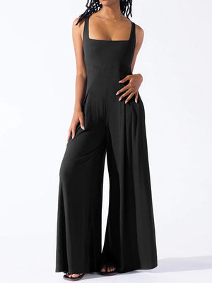 Black square neck palazzo jumpsuit with wide legs and pockets.