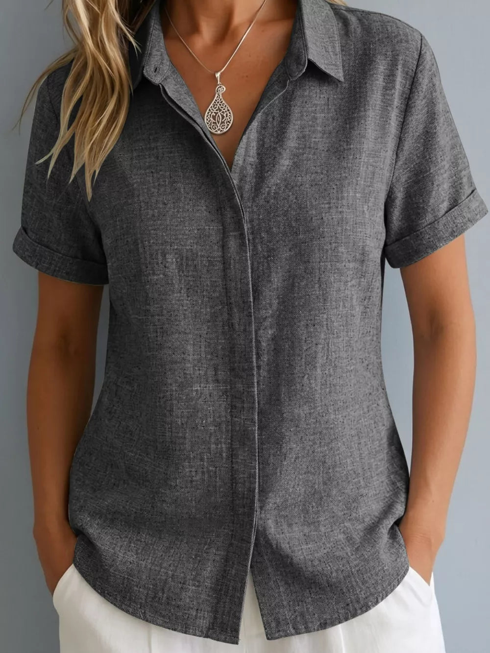Full Size Collared Short Sleeve Shirt Plus Size in Lotus Color, back view