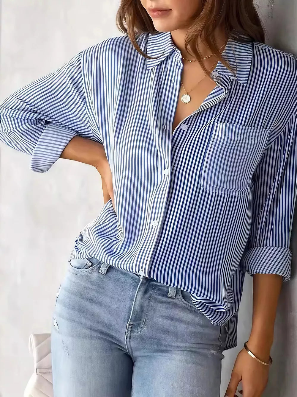 Classic Striped Button-down Shirt in Black, side view