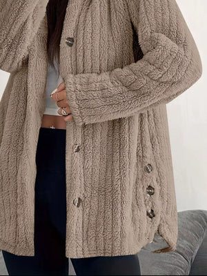 Cozy button-up fleece jacket in camel with button details