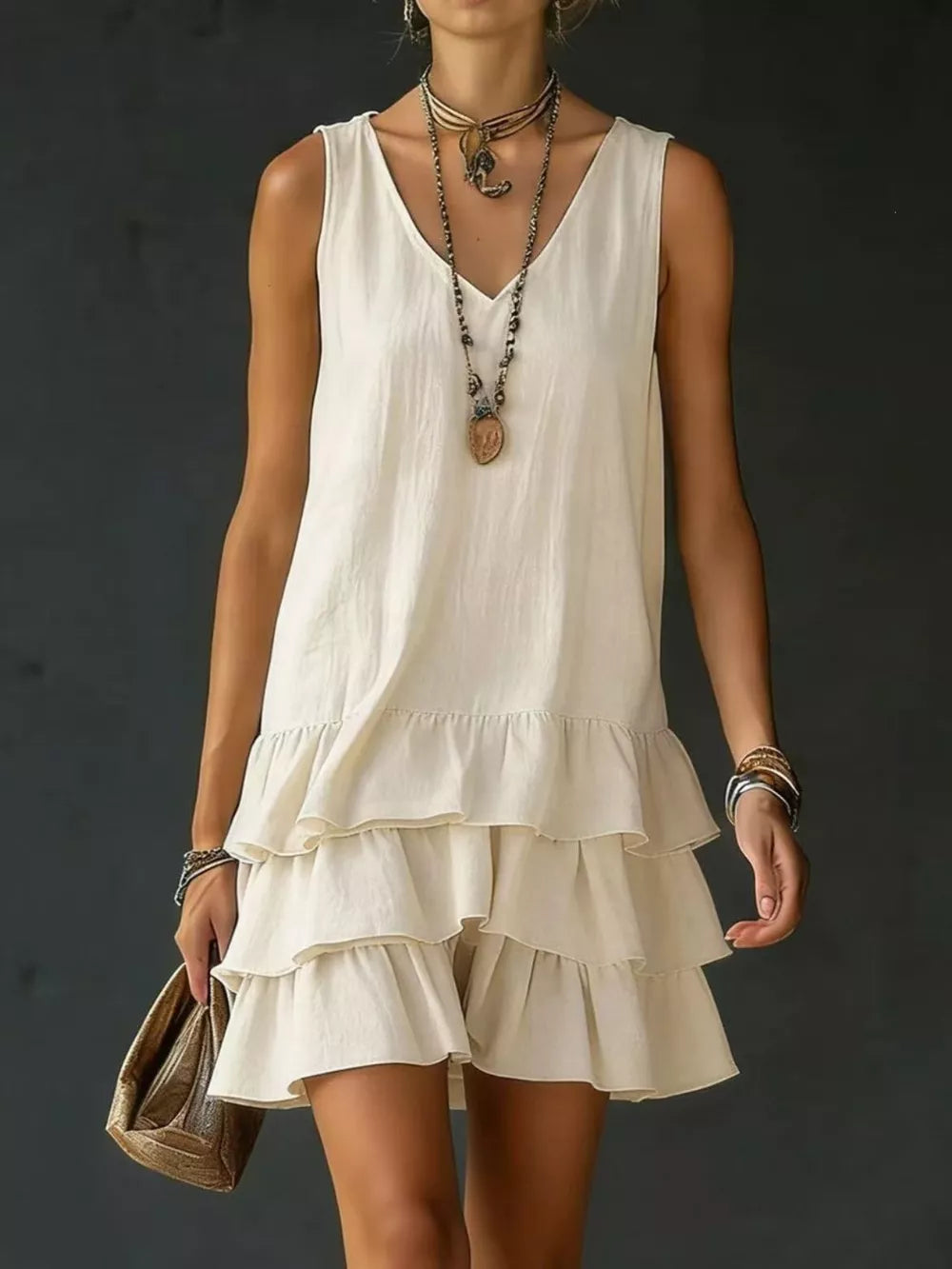Tiered ruffled hem v-neck dress in white with a casual, airy style.