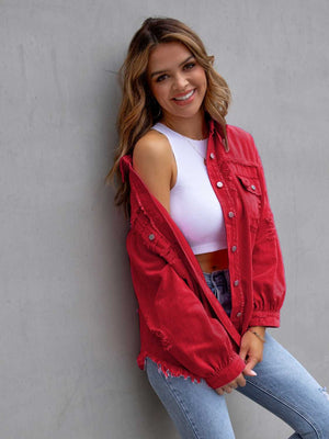 Deep Red distressed denim shacket with frayed hem and cuffs, worn open over a white crop top.