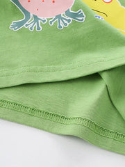 Green cotton t-shirt with frog graphic and visible stitching detail.