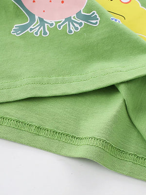 Green cotton t-shirt with frog graphic and visible stitching detail.