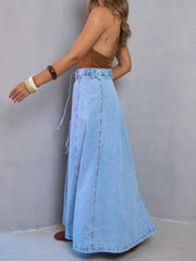 Light blue denim maxi skirt with a-line cut and high waist