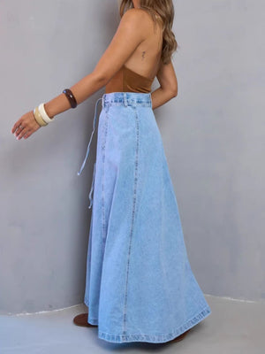 Light blue denim maxi skirt with a-line cut and high waist