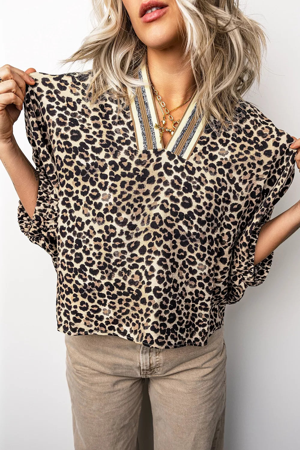 Leopard Contrast Trim V Neck Dolman Blouse in Taupe, side view