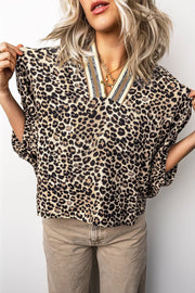 Leopard Contrast Trim V Neck Dolman Blouse in Taupe, side view