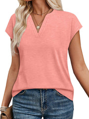 Pink heathered short-sleeve t-shirt with notched V-neck and casual fit.