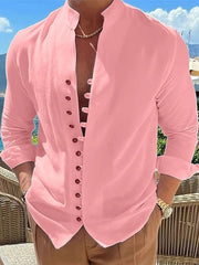 Dusty Pink linen shirt with mandarin collar and button placket, long sleeves.