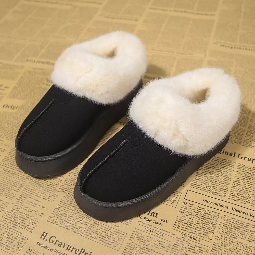 Black plush suede platform slippers with white faux fur lining and thick soles.