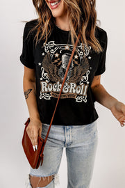 Black Rock & Roll graphic tee with a vintage microphone and wings design.