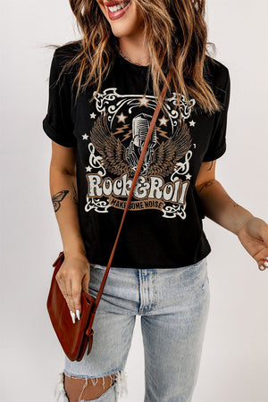 Black Rock & Roll graphic tee with a vintage microphone and wings design.