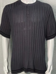 Gray ribbed henley polo shirt with short sleeves and button placket.