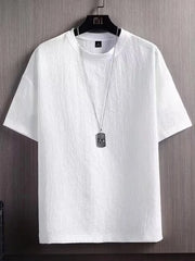White textured round neck t-shirt for men with short sleeves and a subtle crinkle fabric detail.