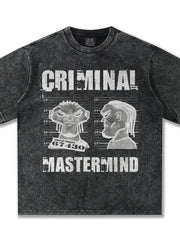 Dark gray cotton tee with oversized fit and bold "Criminal Mastermind" graphic print.