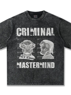 Dark gray cotton tee with oversized fit and bold "Criminal Mastermind" graphic print.