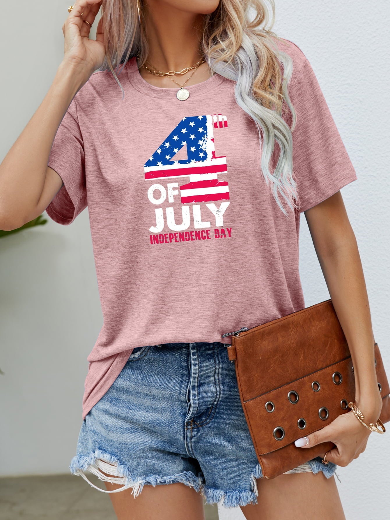 Dusty Pink graphic tee with 4th of July Independence Day print, crew neck, short sleeves.