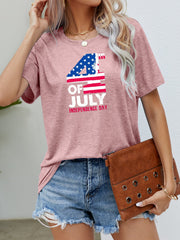 Dusty Pink graphic tee with 4th of July Independence Day print, crew neck, short sleeves.