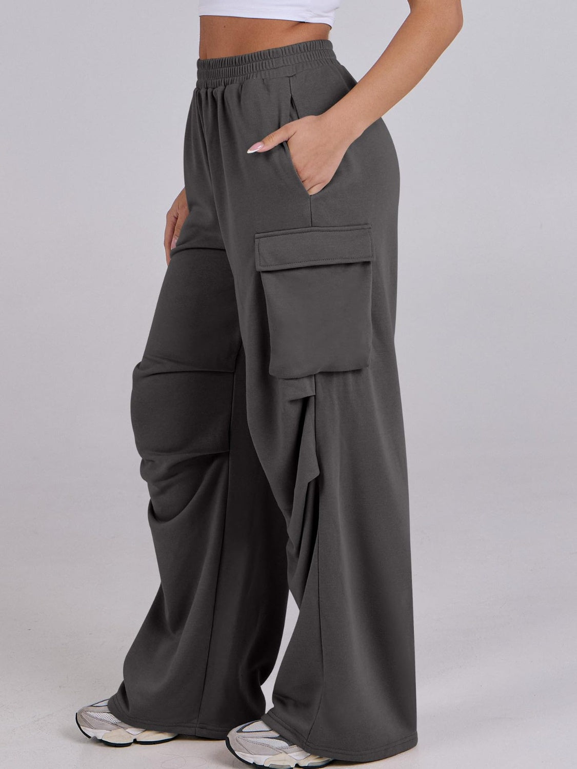Dark Gray cargo pocket drape wide leg sweatpants with elastic waist