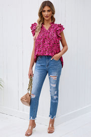 Red floral ruffle sleeve notch-neck blouse with a casual fit.