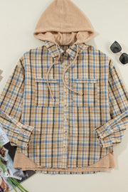 Textured plaid hooded overshirt with raw hem and drawstring hood.