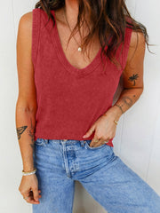 Washed cotton V-neck tank top in red, featuring a ribbed texture and casual fit.
