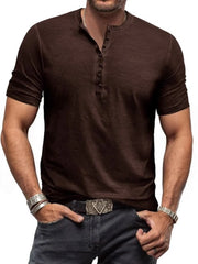 Men's dark brown short sleeve henley tee with subtle washed finish and button placket