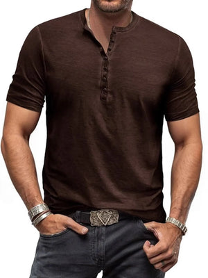 Men's dark brown short sleeve henley tee with subtle washed finish and button placket