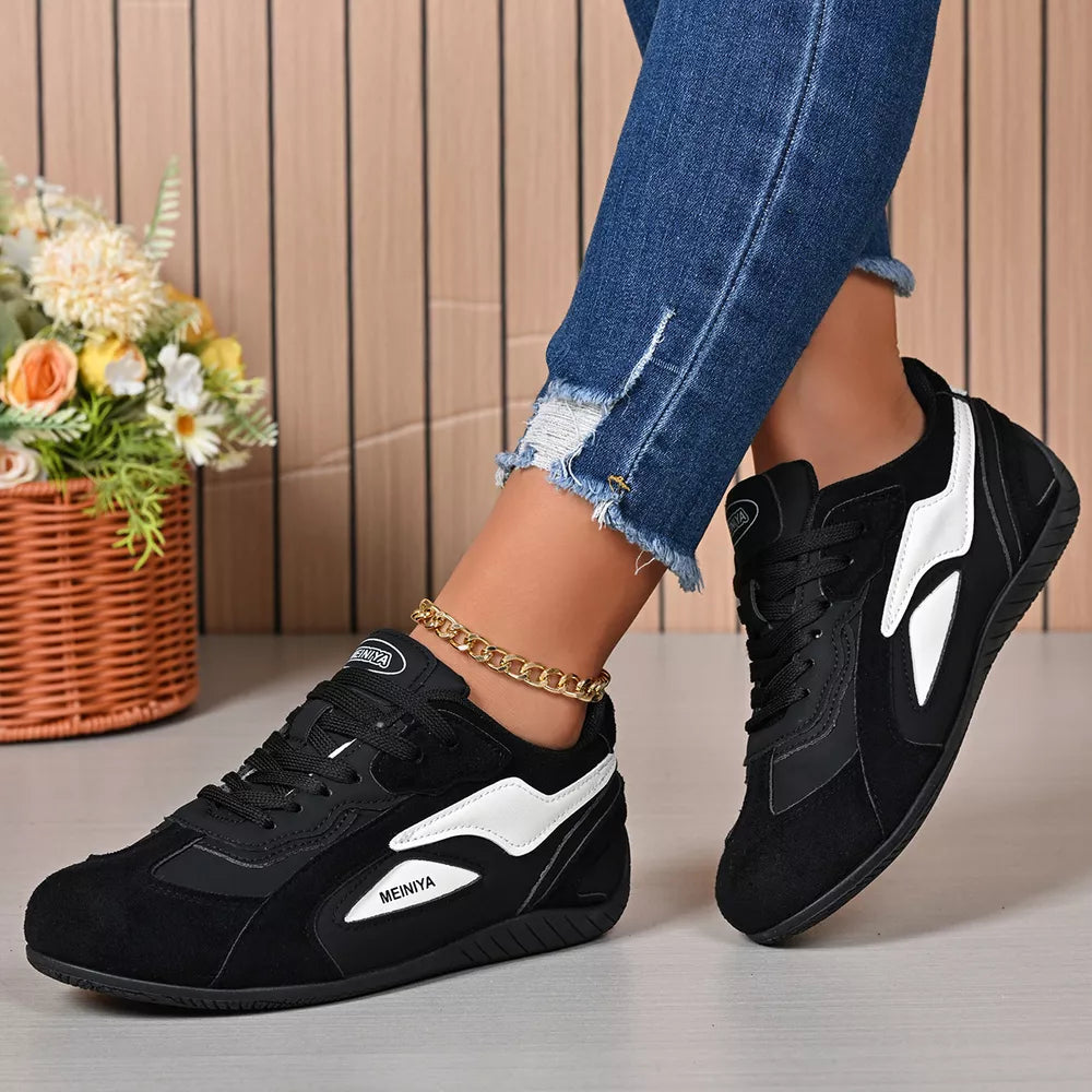 Round Toe Lace Up Sneakers in White, front view