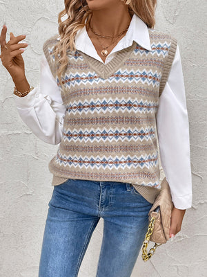 Geometric knit v-neck vest in mocha with diamond pattern, acrylic.