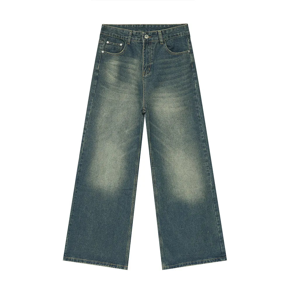 Wide-leg jeans in vintage wash denim with a relaxed fit.
