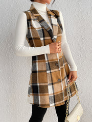 Camel plaid blazer vest with tailored silhouette and double-breasted buttons.