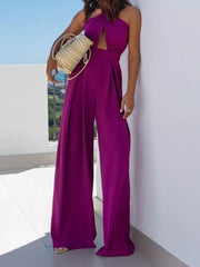 Halter Neck Cut-out Wide-leg Jumpsuit in Sage, side view