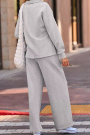 Solid Color V Neck Top And High Waist Pants Set, side view