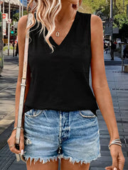 Black V-neck tank top with a chest pocket, sleeveless, casual women's basic style.