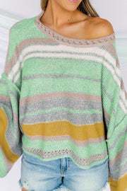 Open-shoulder striped knit pullover sweater in Gum Leaf with boatneck and crochet detail.