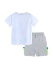 Baby boys' white cotton tee and grey shorts set with playful dino applique and green spikes.