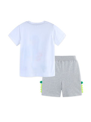 Baby boys' white cotton tee and grey shorts set with playful dino applique and green spikes.