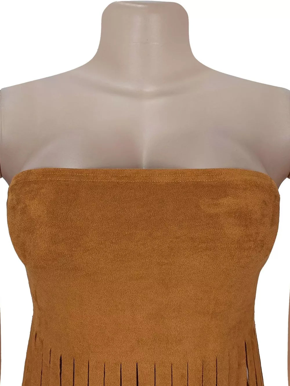 Bohemian caramel tube top with fringe trim detail