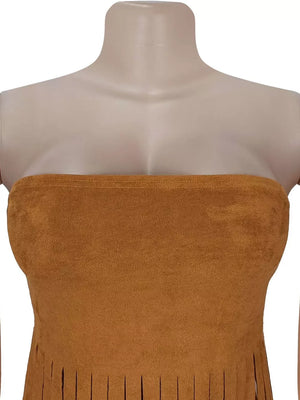 Bohemian caramel tube top with fringe trim detail