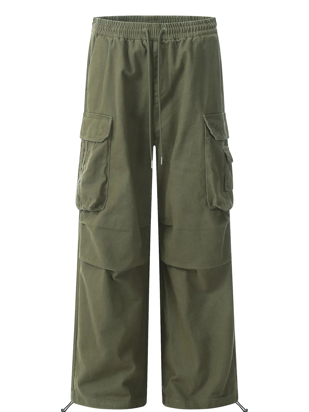 Olive green relaxed fit cargo pants with adjustable drawstring and cinched ankles.