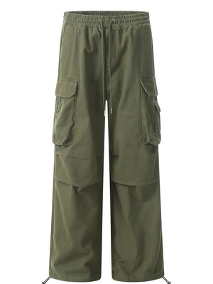 Olive green relaxed fit cargo pants with adjustable drawstring and cinched ankles.