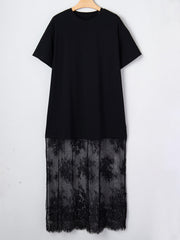 Black t-shirt maxi dress with floral lace hem detail